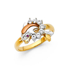 Ioka Jewelry - 14K Tri Color Solid Gold Cubic Zirconia CZ Fancy Jumping Dolphin Ring