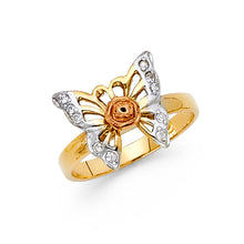 Ioka Jewelry - 14K Yellow Solid Gold Cubic Zirconia CZ Fancy Butterfly with Flower Ring