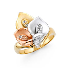 Ioka Jewelry - 14K Tri Color Solid Gold Cubic Zirconia CZ Fancy Flower Ring