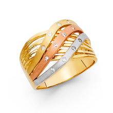 Ioka Jewelry - 14K Tri Color Solid Gold Cubic Zirconia CZ Fancy 3 Stripe Ring