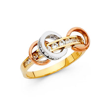 Ioka Jewelry - 14K Tri Color Solid Gold Cubic Zirconia CZ Fancy Tri Hoop Ring