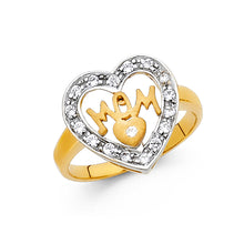 Ioka Jewelry - 14K Tri Color Solid Gold Cubic Zirconia CZ Mom With Heart Ring