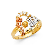 Ioka Jewelry - 14K Tri Color Solid Gold Cubic Zirconia CZ #1 Mom with Heart and Flowers Ring