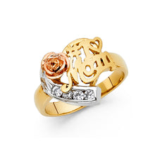 Ioka Jewelry - 14K Tri Color Solid Gold Cubic Zirconia CZ #1 Mom with Heart and Rose Ring