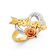 Ioka Jewelry - 14K Tri Color Solid Gold Cubic Zirconia CZ Amor with Heart and Arrow Ring