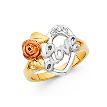 Ioka Jewelry - 14K Tri Color Solid Gold Cubic Zirconia CZ Love Heart with Flower Ring