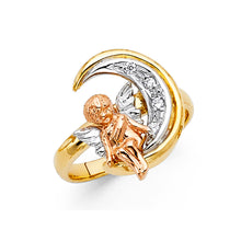 Ioka Jewelry - 14K Tri Color Solid Gold Cubic Zirconia CZ Angel & Crescent Moon Ring