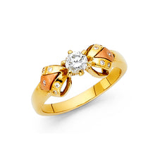 Ioka Jewelry - 14K Two Tone Solid Gold Round Cut Solitaire Cubic Zirconia CZ Ribbon Bow Ring