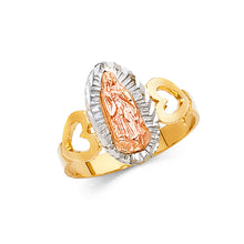 Ioka Jewelry - 14K Tri Color Solid Gold Our Lady of Guadalupe with Hearts Religious Ring