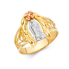 Ioka Jewelry - 14K Tri Color Solid Gold Our Lady of Guadalupe with Flower Religious Ring