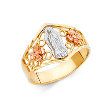Ioka Jewelry - 14K Tri Color Solid Gold Our Lady of Guadalupe with Flowers Religious Ring