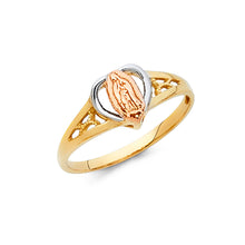 Ioka Jewelry - 14K Tri Color Solid Gold Our Lady of Guadalupe with Heart Religious Ring