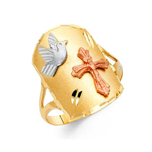 Ioka Jewelry - 14K Tri Color Solid Gold Bird and Cross Religious Ring