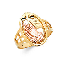 Ioka Jewelry - 14K Two Tone Solid Gold Praying Hands with Cross Religious Ring