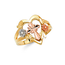 Ioka Jewelry - 14K Tri Color Solid Gold Cross With Flowers Ring