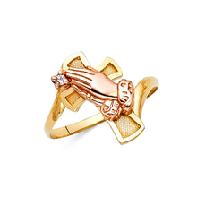 Ioka Jewelry - 14K Two Tone Solid Gold Praying Hands and Cross Religious Ring