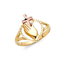 Ioka Jewelry - 14K Two Tone Solid Gold Praying Hands and Cross Religious Ring