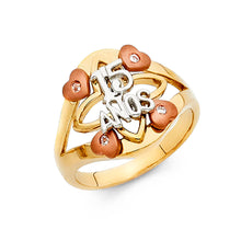 Ioka Jewelry - 14K Tri Color Solid Gold 15 Years Quinceanera Birthday with Hearts Ring