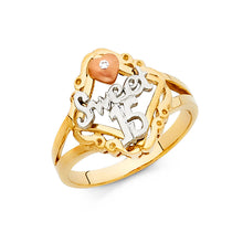 Ioka Jewelry - 14K Tri Color Solid Gold 15 Years Quinceanera Birthday with Heart Ring
