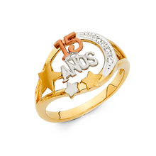 Ioka Jewelry - 14K Tri Color Solid Gold 15 Years Quinceanera Birthday with Stars Ring
