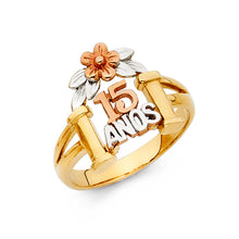 Ioka Jewelry - 14K Tri Color Solid Gold 15 Years Quinceanera Birthday with Flowers Ring