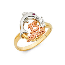 Ioka Jewelry - 14K Tri Color Solid Gold Cubic Zirconia CZ 15 Years Quinceanera Birthday with Dolphin Ring