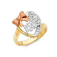Ioka Jewelry - 14K Tri Color Solid Gold Cubic Zirconia CZ 15 Years Quinceanera Birthday with Bow Ring