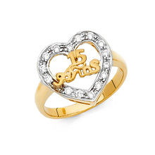 Ioka Jewelry - 14K Tri Color Solid Gold Cubic Zirconia CZ 15 Years Quinceanera Birthday with Heart Ring