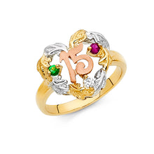 Ioka Jewelry - 14K Tri Color Solid Gold Cubic Zirconia CZ 15 Years Quinceanera Birthday with Heart Ring