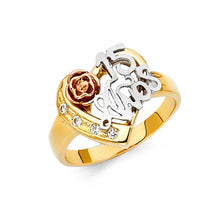 Ioka Jewelry - 14K Tri Color Solid Gold 15 Years Quinceanera Birthday with Heart and Rose Ring