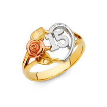 Ioka Jewelry - 14K Tri Color Solid Gold 15 Years Quinceanera Birthday with Heart and Rose Ring