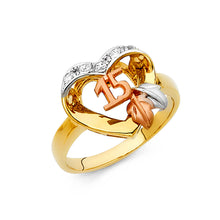 Ioka Jewelry - 14K Tri Color Solid Gold Cubic Zirconia CZ 15 Years Quinceanera Birthday with Heart Ring