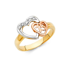 Ioka Jewelry - 14K Tri Color Solid Gold Cubic Zirconia CZ 15 Years Quinceanera Birthday with Hearts Ring