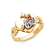 Ioka Jewelry - 14K Tri Color Solid Gold Cubic Zirconia CZ 15 Years Quinceanera Birthday with Heart Ring