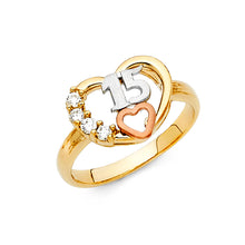 Ioka Jewelry - 14K Tri Color Solid Gold Cubic Zirconia CZ 15 Years Quinceanera Birthday with Hearts Ring