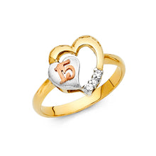 Ioka Jewelry - 14K Tri Color Solid Gold Cubic Zirconia CZ 15 Years Quinceanera Birthday with Hearts Ring
