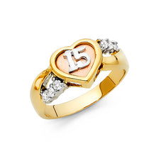 Ioka Jewelry - 14K Tri Color Solid Gold Cubic Zirconia CZ 15 Years Quinceanera Birthday with Heart Ring