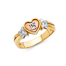 Ioka Jewelry - 14K Tri Color Solid Gold Cubic Zirconia CZ 15 Years Quinceanera Birthday with Stars Ring