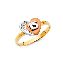 Ioka Jewelry - 14K Tri Color Solid Gold Cubic Zirconia CZ 15 Years Quinceanera Birthday with Heart Ring