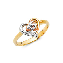 Ioka Jewelry - 14K Tri Color Solid Gold Cubic Zirconia CZ 15 Years Quinceanera Birthday with Hearts Ring