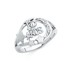 Ioka Jewelry - 14K White Solid Gold Cubic Zirconia CZ 15 Years Quinceanera Birthday with Stars Ring
