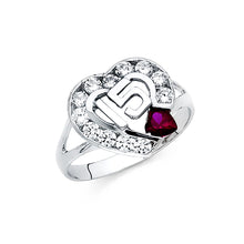 Ioka Jewelry - 14K White Solid Gold Cubic Zirconia CZ 15 Years Quinceanera Birthday with Heart Ring