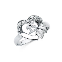Ioka Jewelry - 14K White Solid Gold Cubic Zirconia CZ 15 Years Quinceanera Birthday with Heart Ring