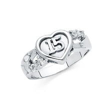 Ioka Jewelry - 14K White Solid Gold Cubic Zirconia CZ 15 Years Quinceanera Birthday with Heart Ring