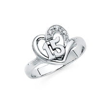 Ioka Jewelry - 14K White Solid Gold Cubic Zirconia CZ 15 Years Quinceanera Birthday with Heart Ring