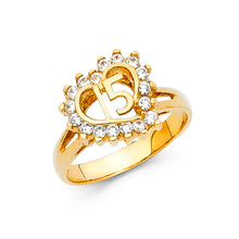 Ioka Jewelry - 14K Yellow Solid Gold Cubic Zirconia CZ 15 Years Quinceanera Birthday with Heart Ring