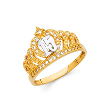 Ioka Jewelry - 14K Two Tone Solid Gold Cubic Zirconia CZ 15 Years Quinceanera Birthday Princess Ring