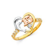 Ioka Jewelry - 14K Tri Color Solid Gold Cubic Zirconia CZ 15 Years Quinceanera Birthday with Dolphin Ring