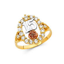 Ioka Jewelry - 14K Two Tone Solid Gold Cubic Zirconia CZ 15 Years Quinceanera Birthday with Flower Ring