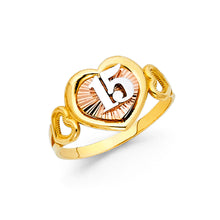 Ioka Jewelry - 14K Tri Color Solid Gold 15 Years Quinceanera Birthday with Hearts Ring